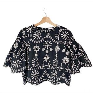 Zara Embroidered scalloped hem cropped top Sz M